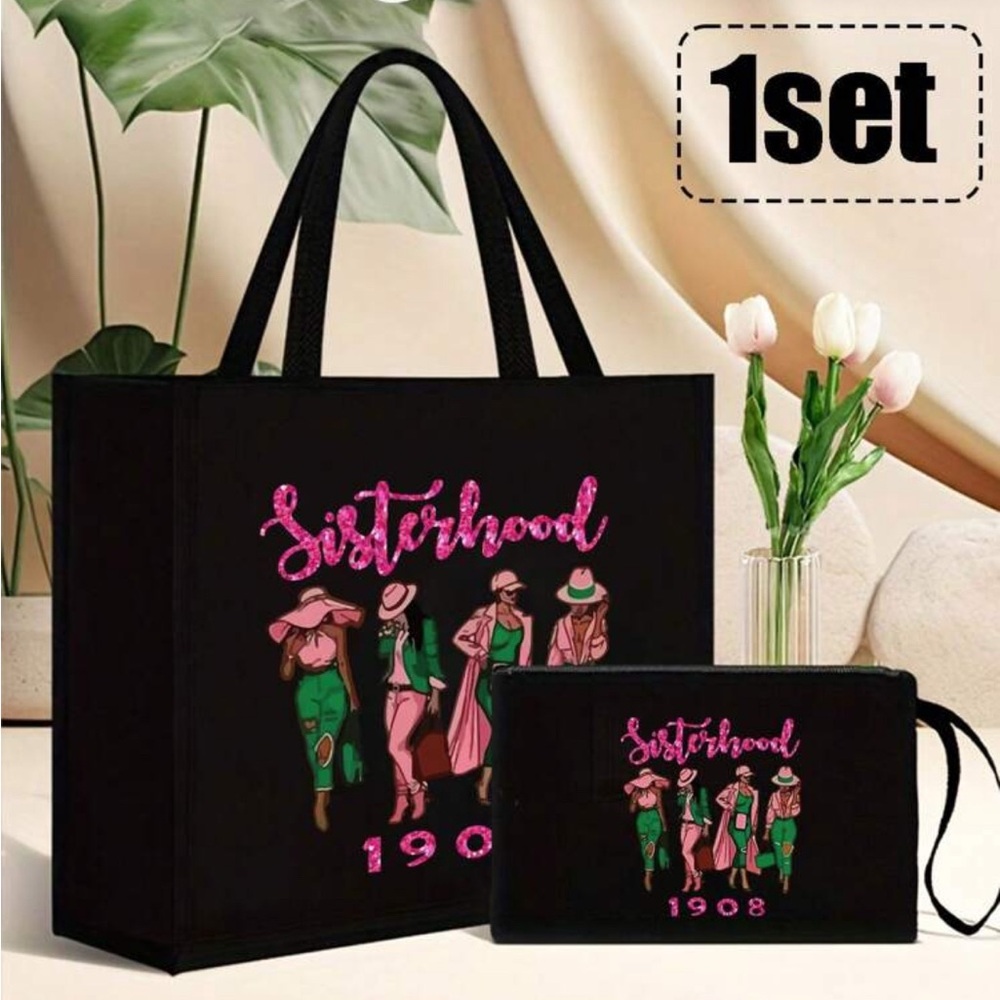 💚🩷💚Tote and Pouch Set with Pink and Green Accents💚🩷💚